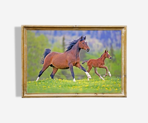 Galloping Mare and Foal Horses Meadow Flowers Oil Painting Poster