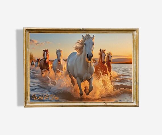 Wild Horses Beach Scene Oil Painting, Art Print