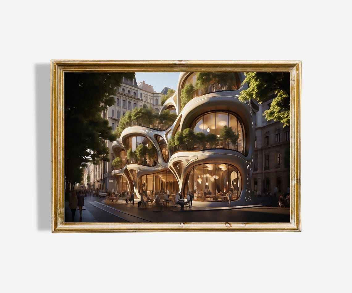 Futuristic Green Architecture Organic Glass Building Modern Art Poster