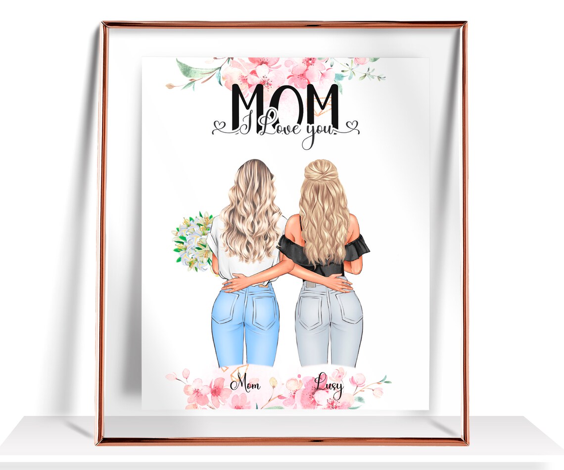 Mom I Love You Floral Mother Daughter Embrace Bouquet Poster