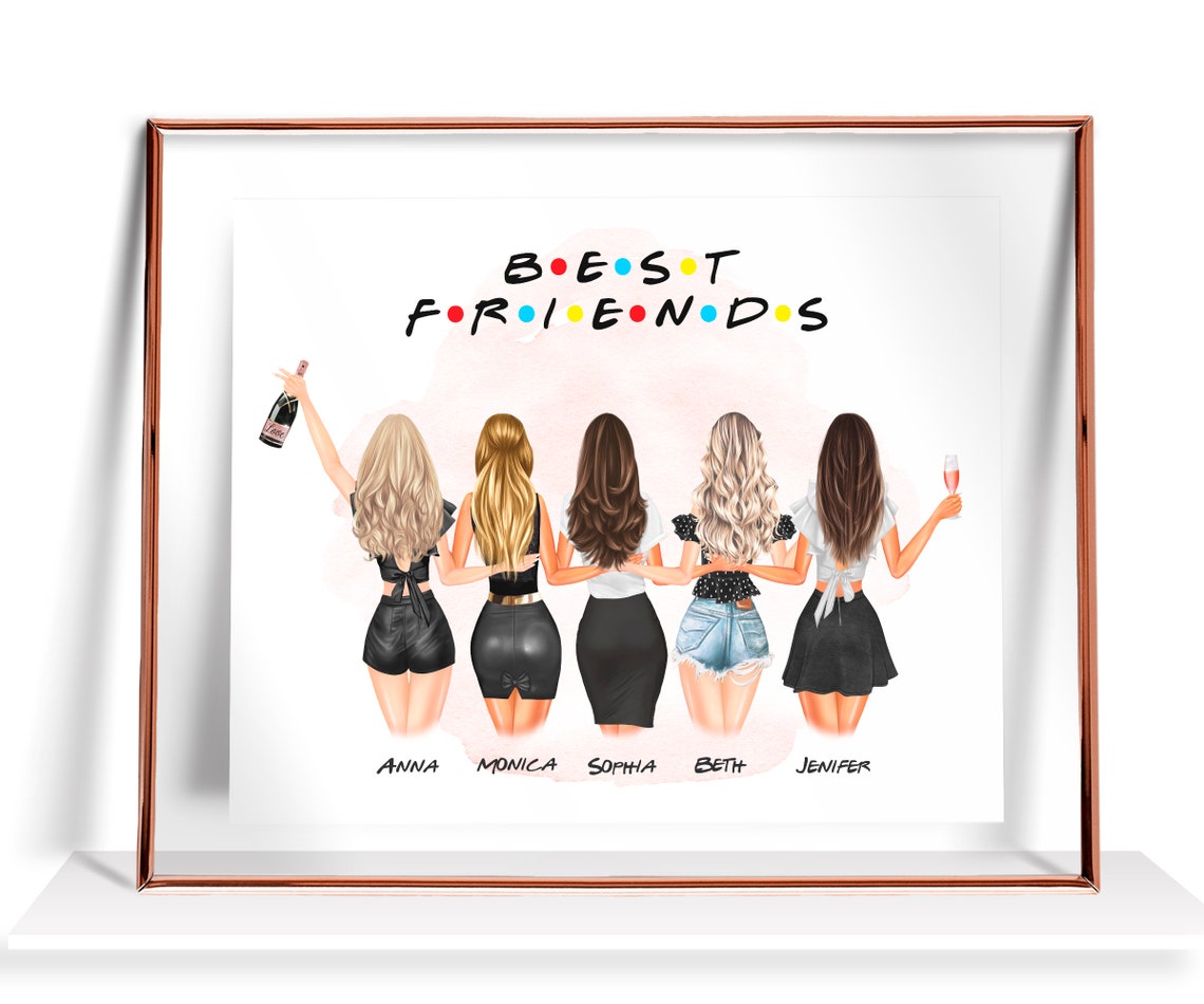 Best Friends Dotted Lettering Five Women Cheers Group Poster