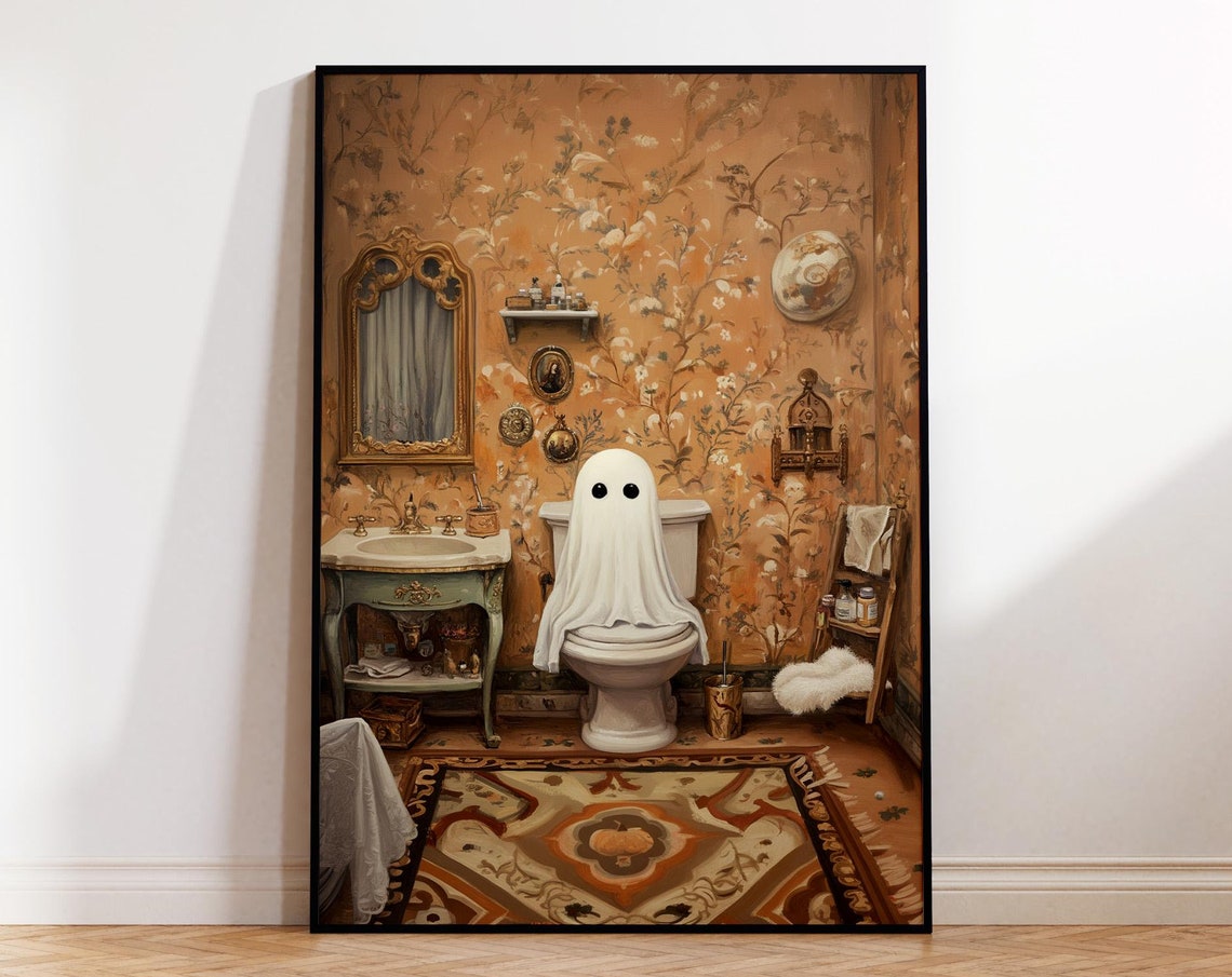 Vintage Ghost on Toilet Art Poster in a Spooky Retro Bathroom