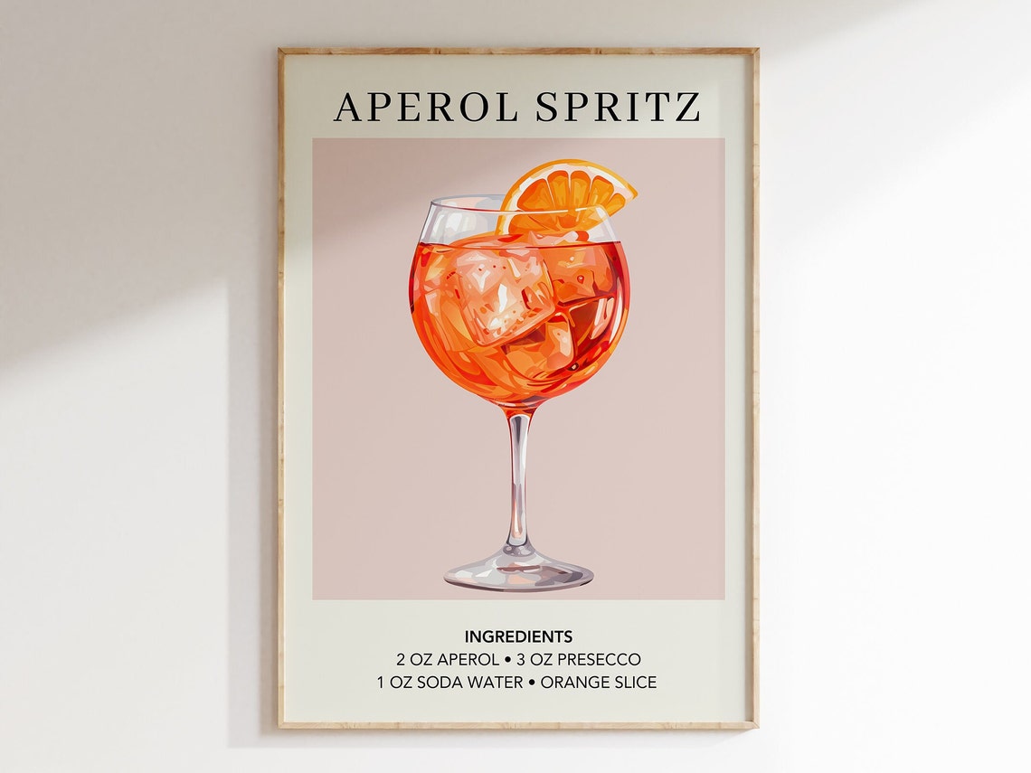 Aperol Spritz Cocktail Recipe Blush Pink Bar Cart Decor Wall Art