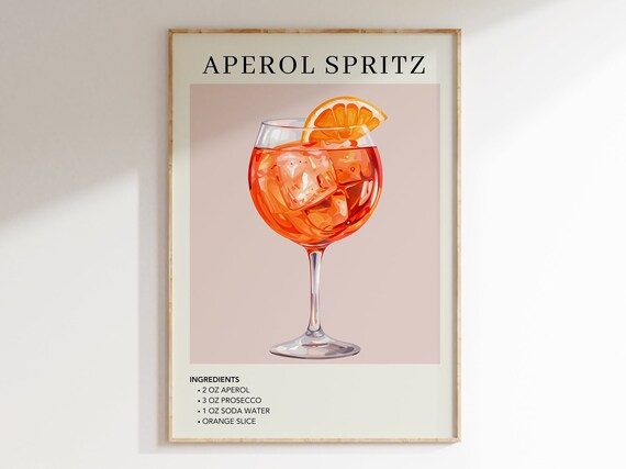 Aperol Spritz Tall Glass Cocktail Illustration Modern Bar Decor Poster