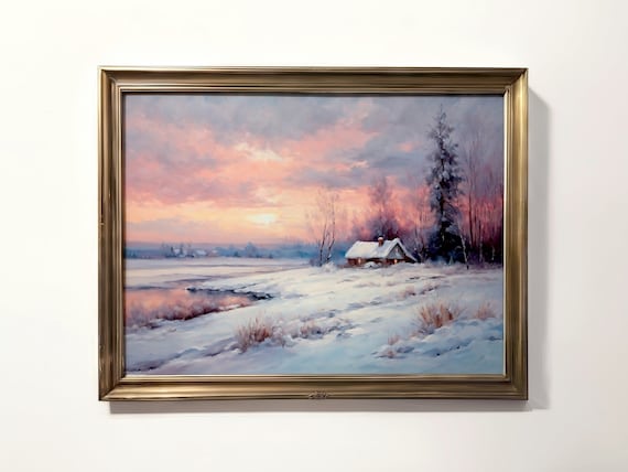 Winter Cabin by Frozen Lake Pink Sunset Snowy Landscape Decor Poster