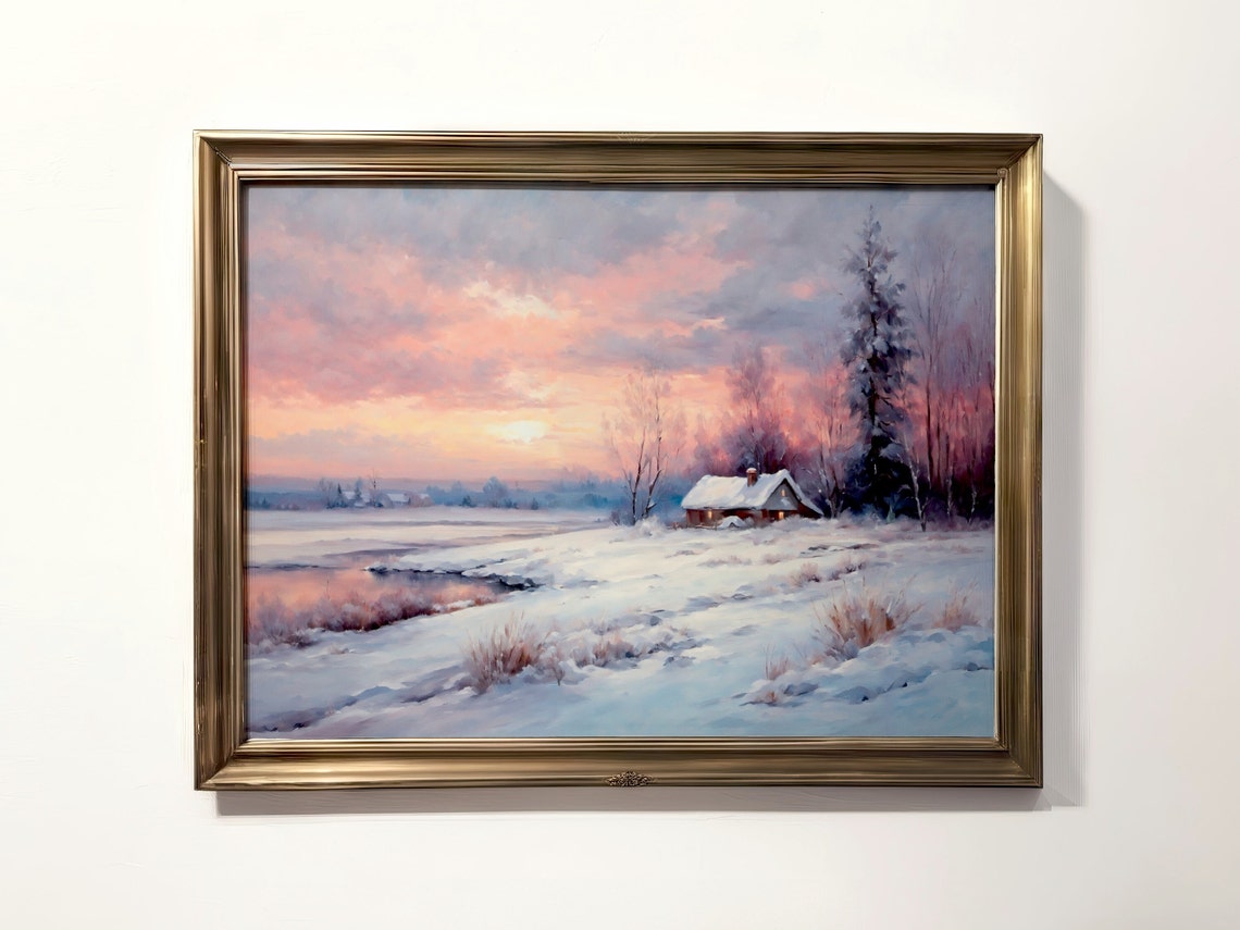 Snowy Winter Cabin Landscape Print Christmas Holiday Decor Rustic Country Farmhouse Art Painting Vintage Nature Oil Poster