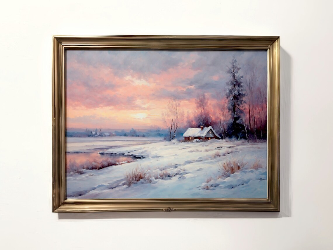 Winter Cabin by Frozen Lake Pink Sunset Snowy Landscape Decor Poster