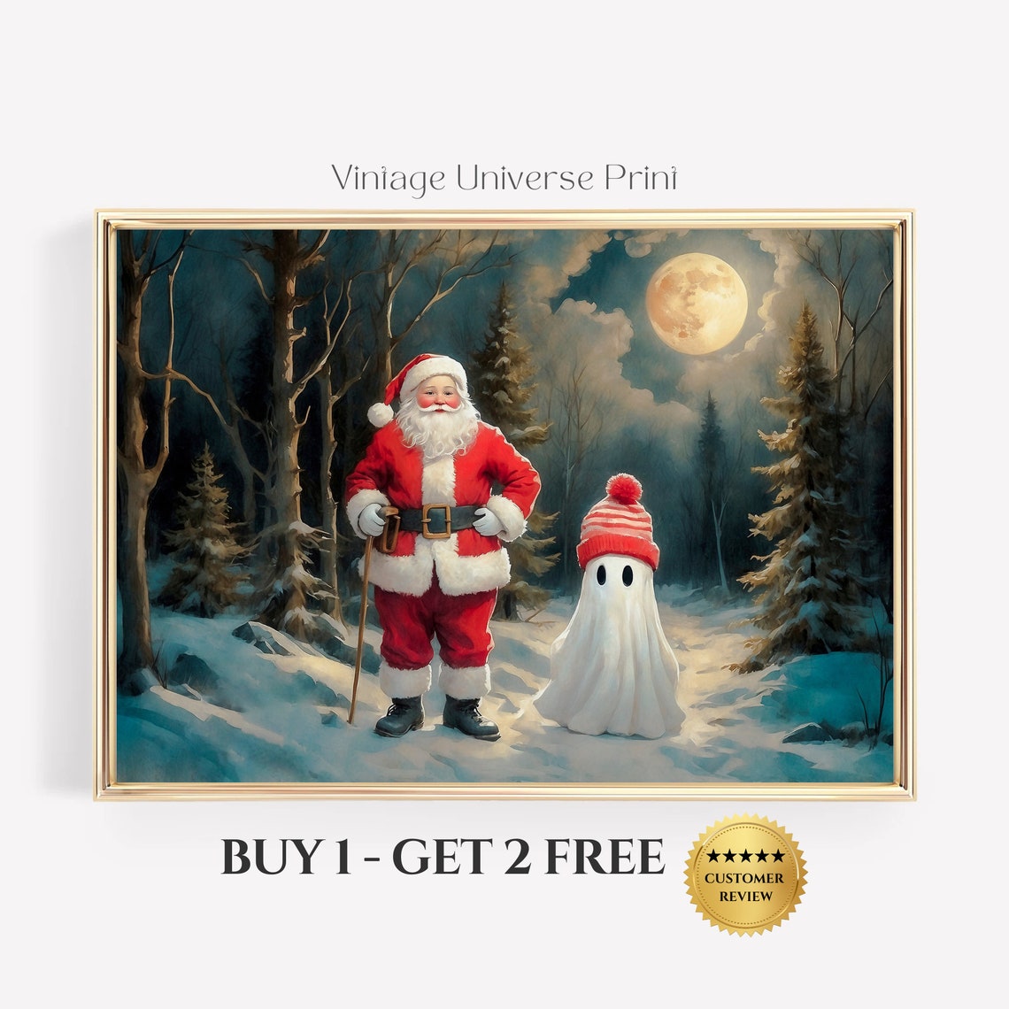 Ghost And Santa Claus In The Forest Landscape Vintage Painting Santa Claus Painting Christmas Wall Art Print Christmas House Decor 43