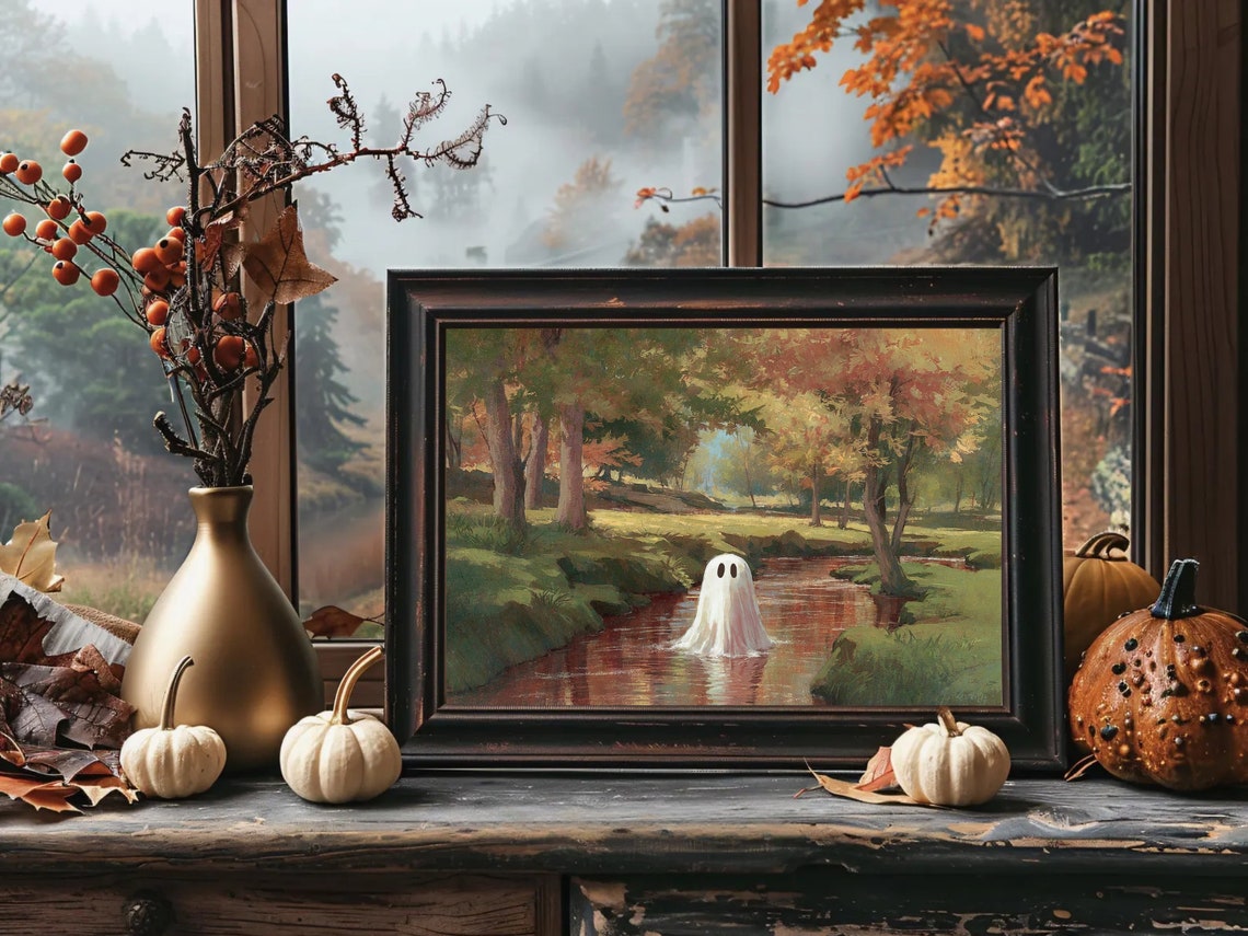 Ghost Floating In Autumn Stream Forest Vintage Halloween Wall Poster - Image 4
