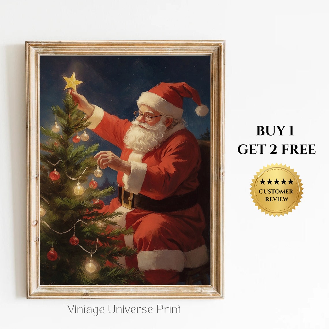 Santa Claus Vintage Oil Painting Christmas Tree Oil Painting Christmas Wall Art Santa Rustic Wall Art Retro Winter Print Noel Art Print