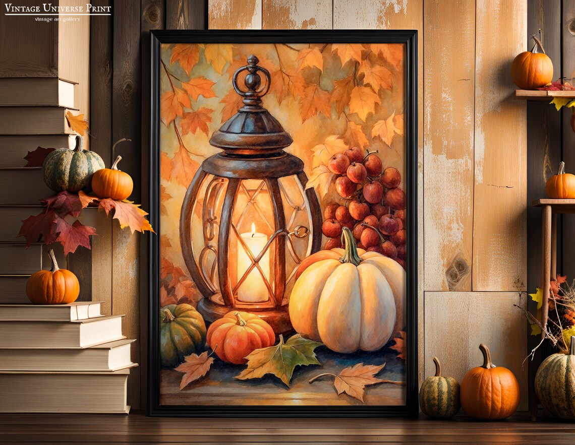 Glowing Lantern With Pumpkins And Red Berries In Autumn Still Life Print - Image 4