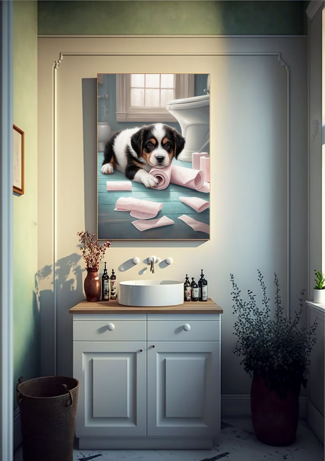 Tricolor Puppy With Pink Toilet Paper Rolls Funny Bathroom Poster - Image 3