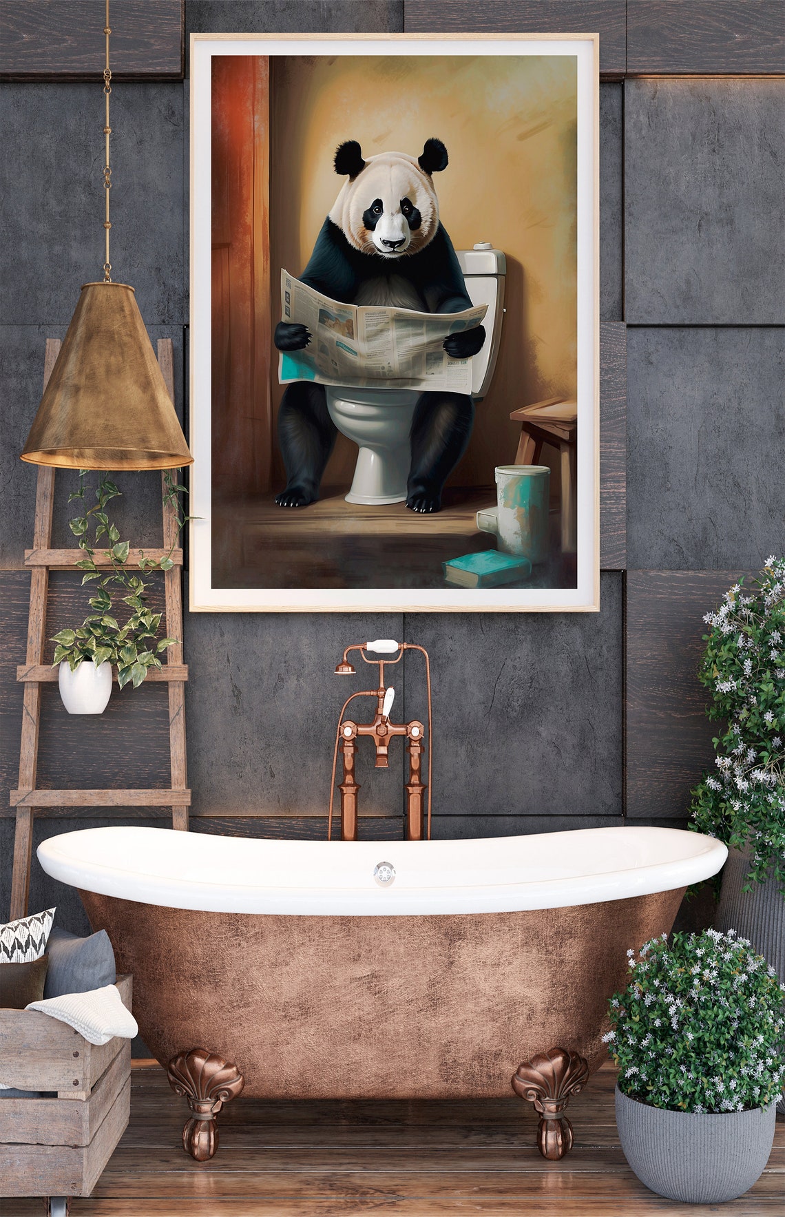 Sleepy Panda Reading A Newspaper On The Toilet Funny Art Poster - Image 4
