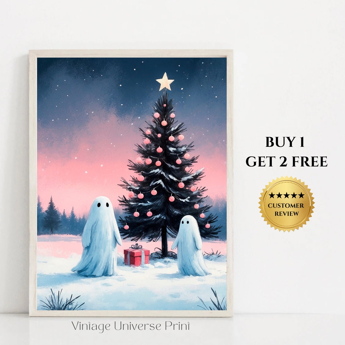 Two Ghosts Beside Christmas Tree with Pink Ornaments Night Print
