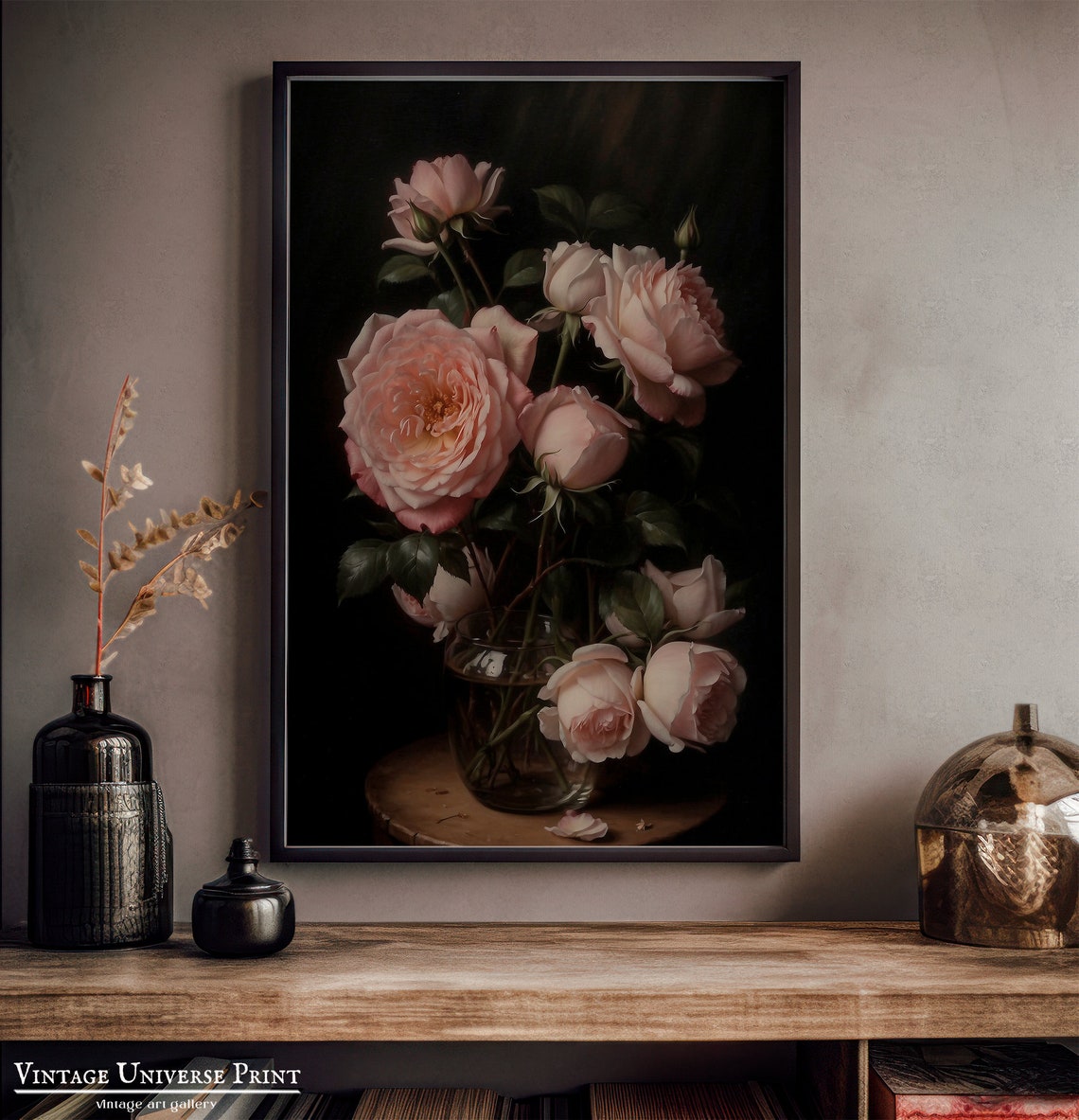 Blush Pink Roses In A Glass Vase On Dark Background Vintage Print - Image 4