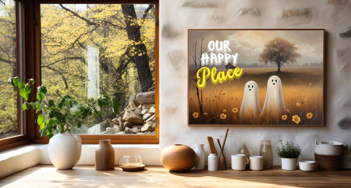 Two Ghosts Our Happy Place Golden Meadow Smiling Halloween Poster - Image 2