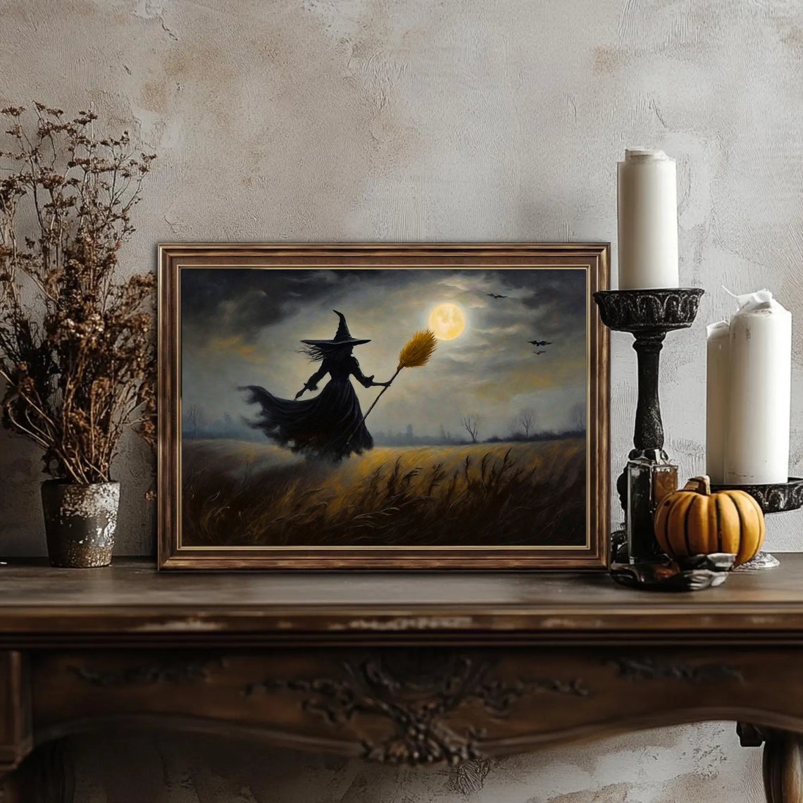 Witch Flying on Broomstick Across Moonlit Field Halloween Poster - Image 3
