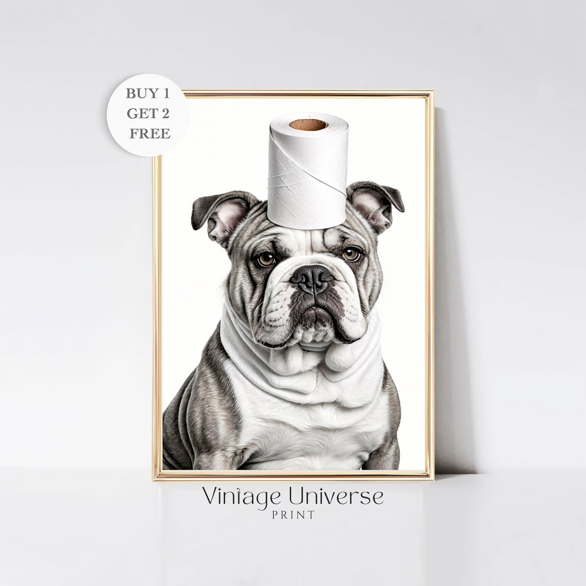 English Bulldog with a Toilet Paper Roll on Its Head Funny Dog Print