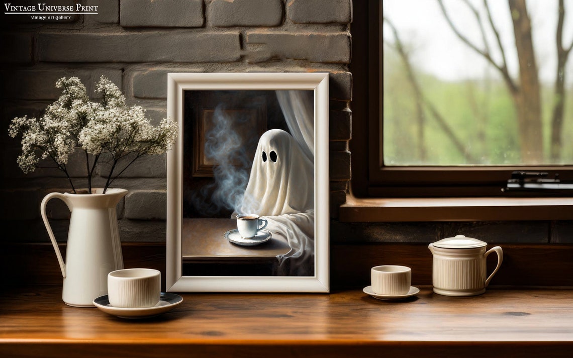 Ghost Sitting Down with a Steaming Cup of Coffee Cozy Morning Poster - Image 2