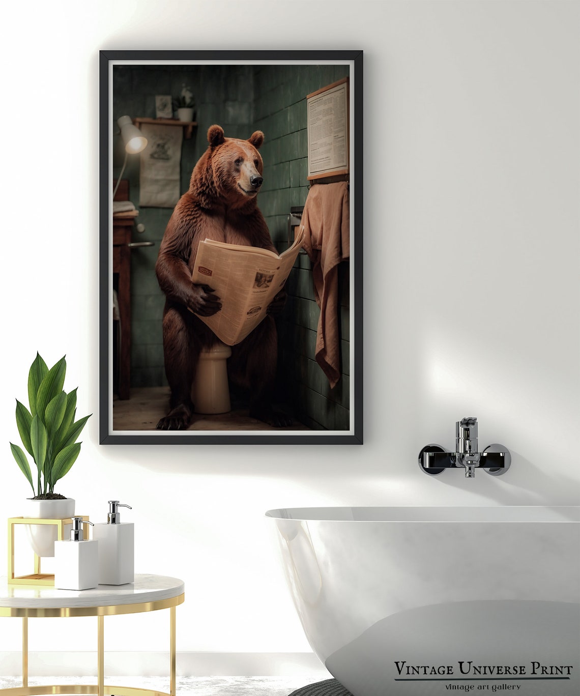 Brown Bear Sitting on a Toilet Reading the Newspaper Funny Bath Poster - Image 5