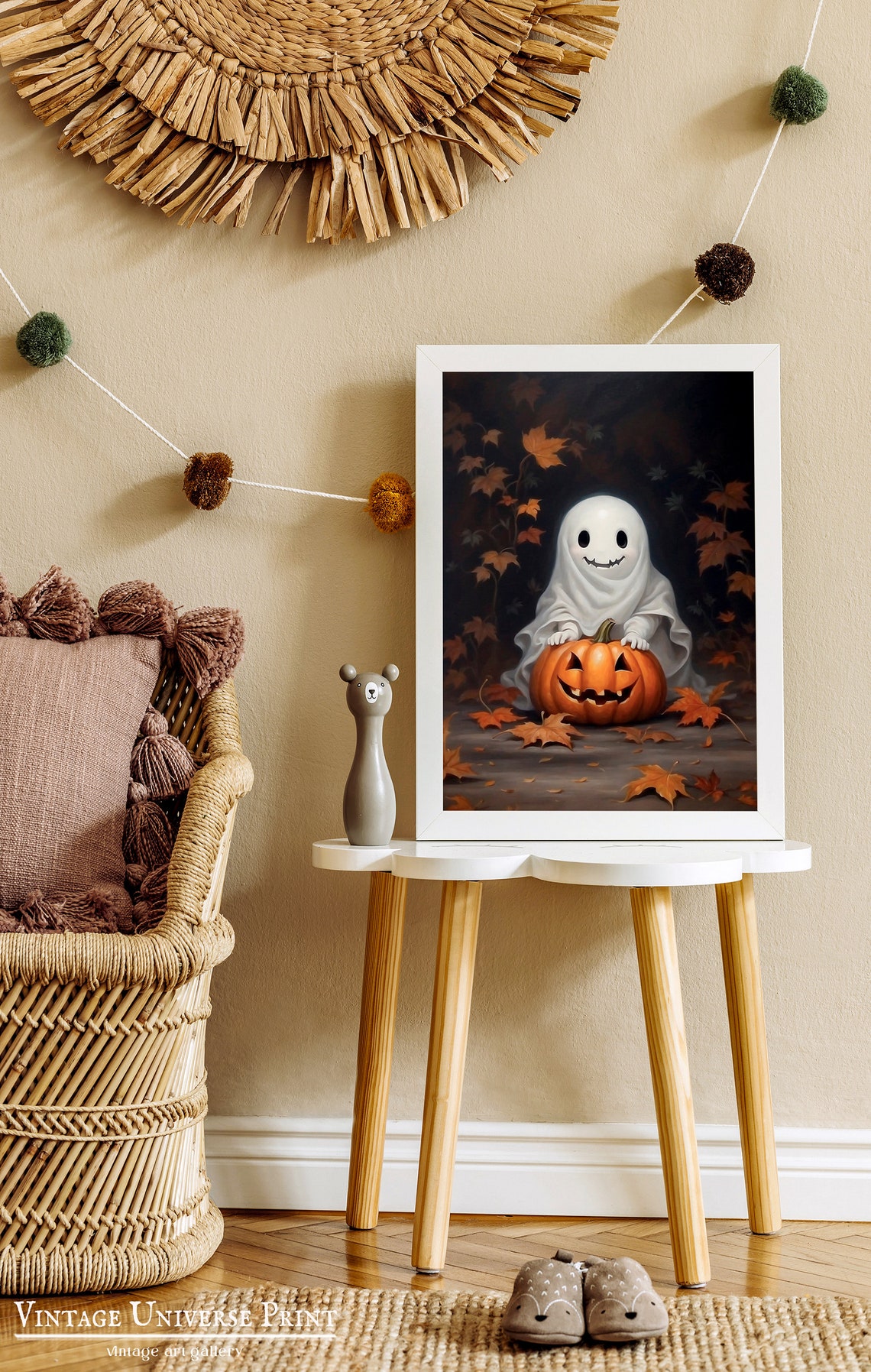 Cute Ghost With Jack O Lantern Among Falling Autumn Leaves Poster - Image 2