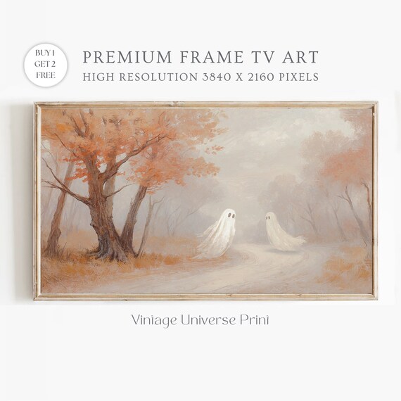 Two Cute Ghosts In Foggy Autumn Forest Vintage Halloween Poster