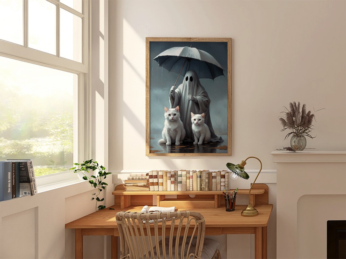 Cute Ghost Holding Umbrella Over Two White Cats In Rain Painting Poster - Image 2