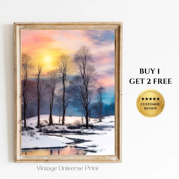 Colorful Winter Sunset Over A Snowy River Landscape Art Poster