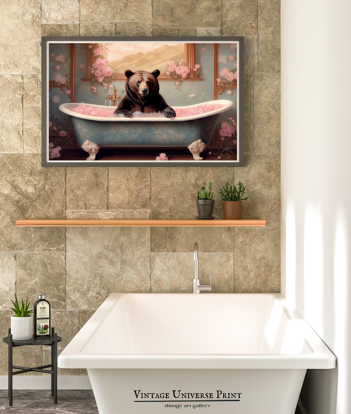 Brown Bear Relaxing in a Clawfoot Tub of Pink Rose Petals Funny Poster - Image 3