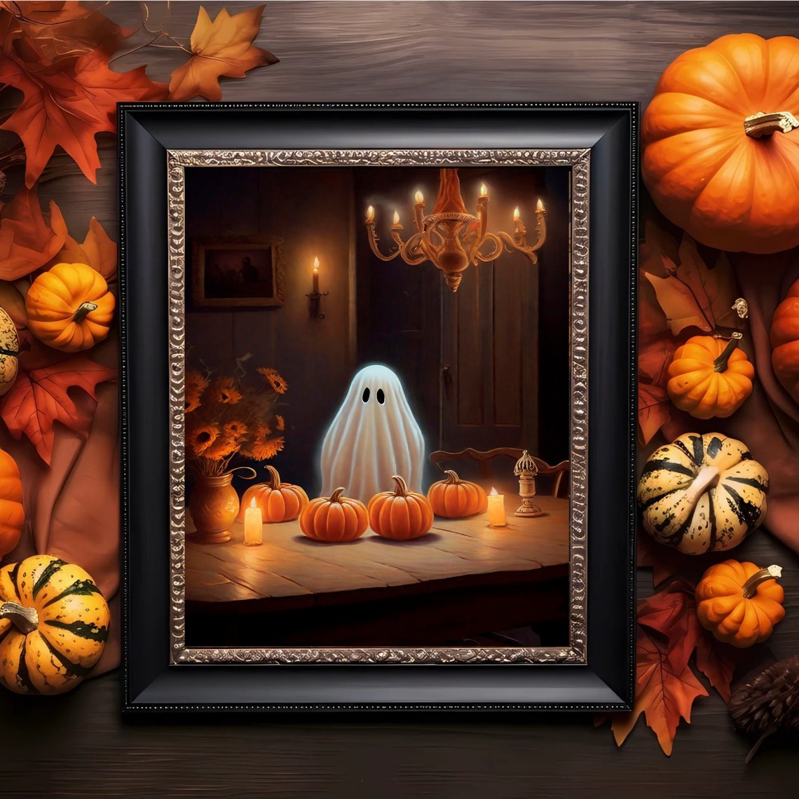 Ghost At A Candlelit Table With Pumpkins Under A Chandelier Print - Image 3