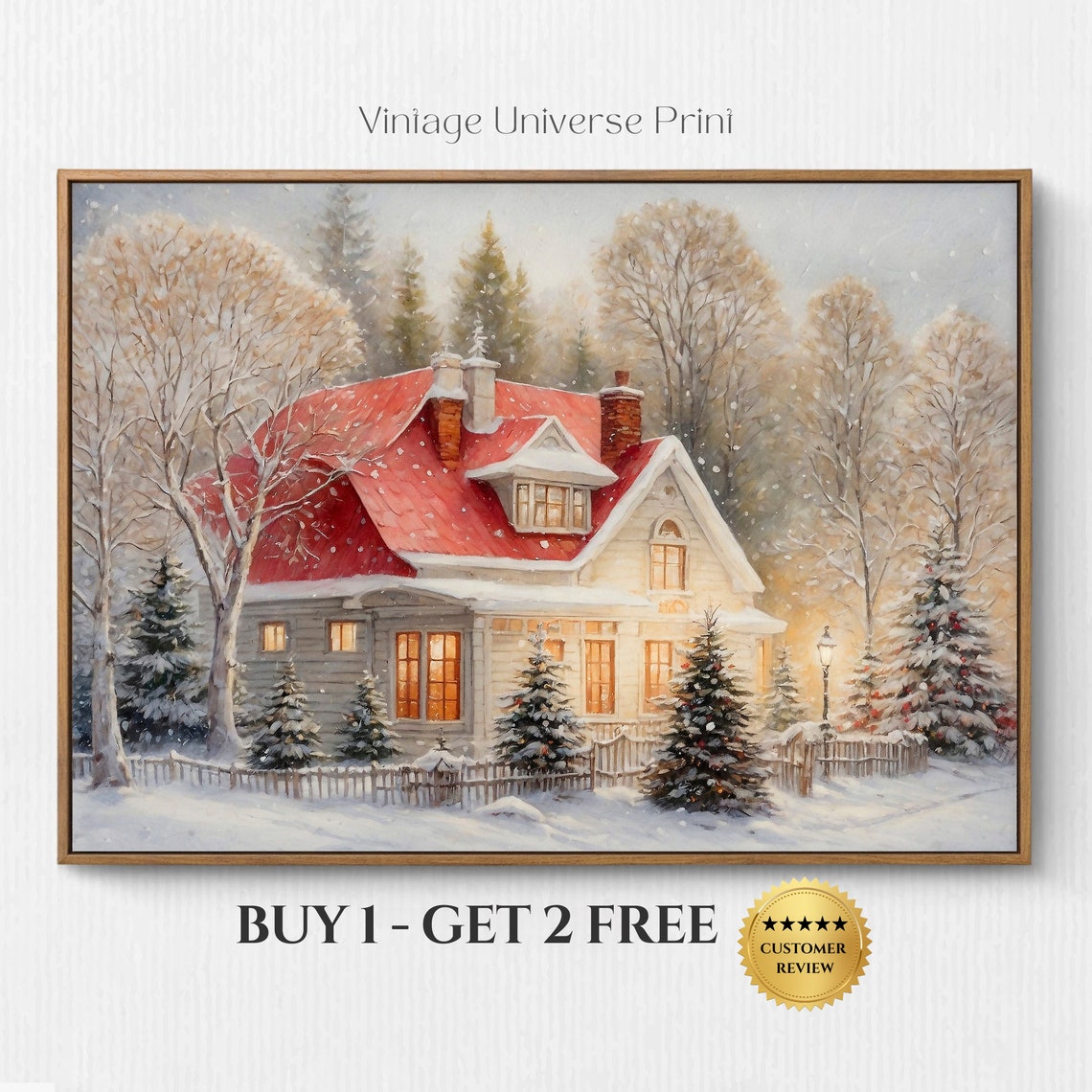 Cozy House Red Roof Snowy Night Warm Lights Christmas Poster