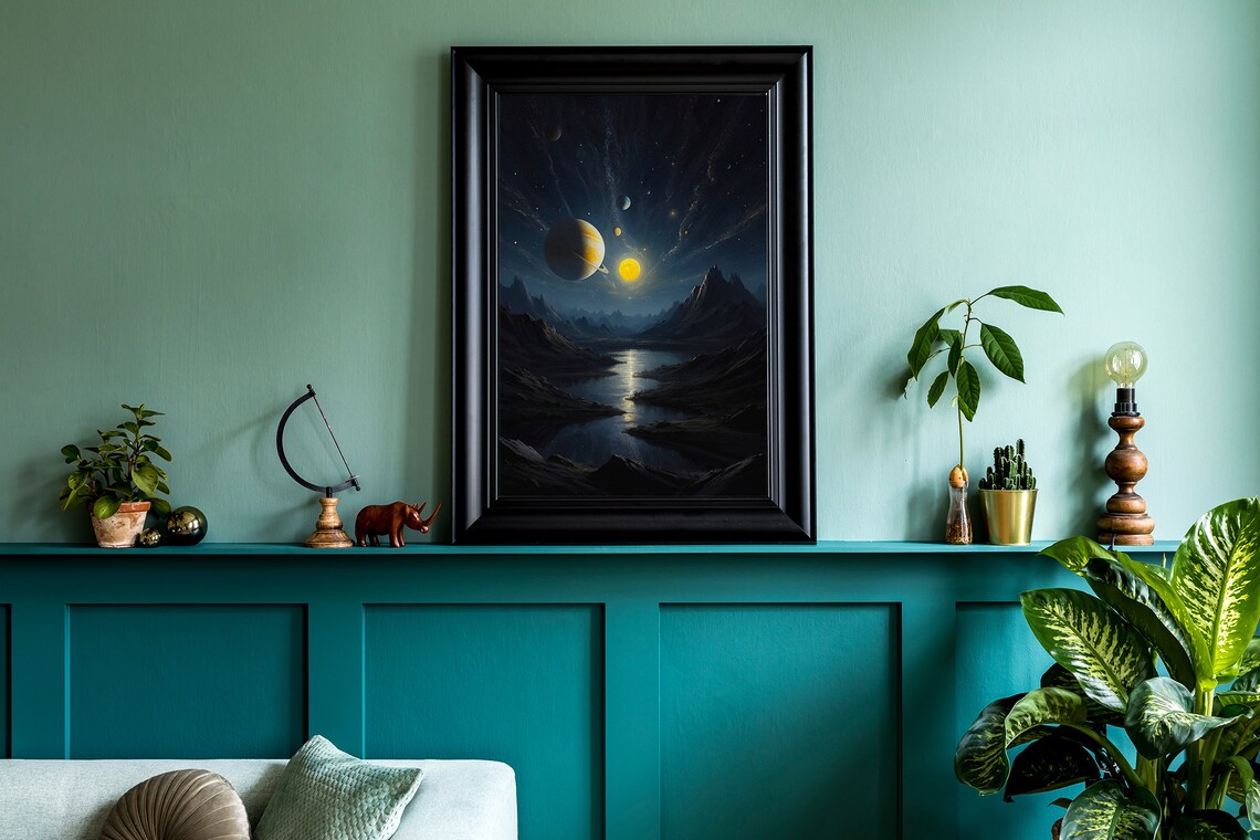 Alien World with Planets Over a Moonlit River Valley Night Sky Wall Art - Image 5