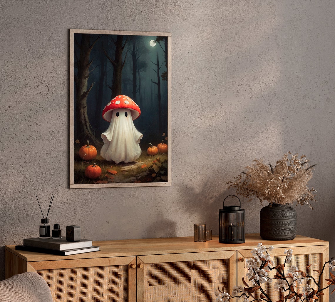 Ghost Wearing Mushroom Cap Moonlit Forest Pumpkin Halloween Print - Image 2