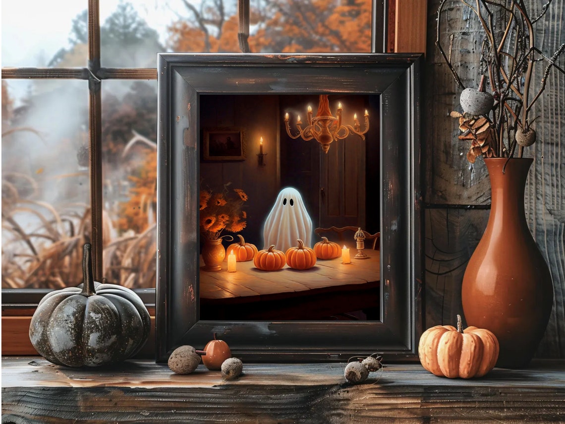 Ghost At A Candlelit Table With Pumpkins Under A Chandelier Print - Image 2
