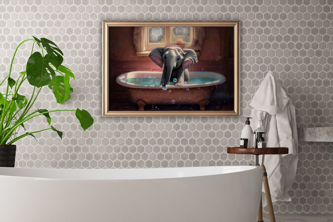 Baby Elephant Blowing Bubbles in a Vintage Clawfoot Bathtub Cute Poster - Image 3