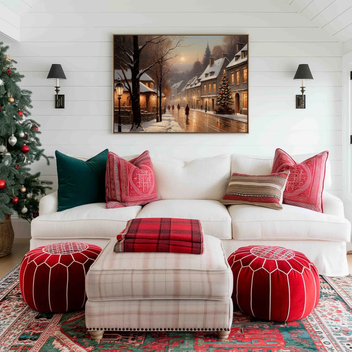 Snowy Village Street Christmas Tree Glowing Dusk Winter Poster - Image 3