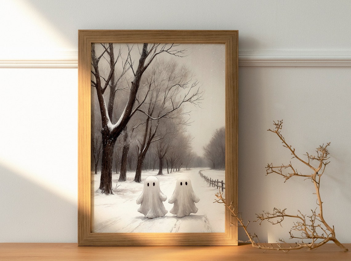 Two Ghosts Walking Snowy Forest Path Between Bare Trees Print - Image 3