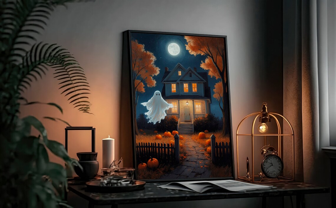 Cute Ghost Over Moonlit Farmhouse With Pumpkins Halloween Painting Poster - Image 3
