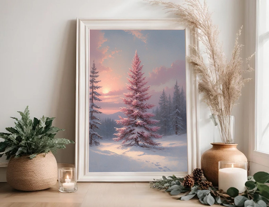 Pink Snowy Pine Tree At Sunset Winter Scene Christmas Poster - Image 5