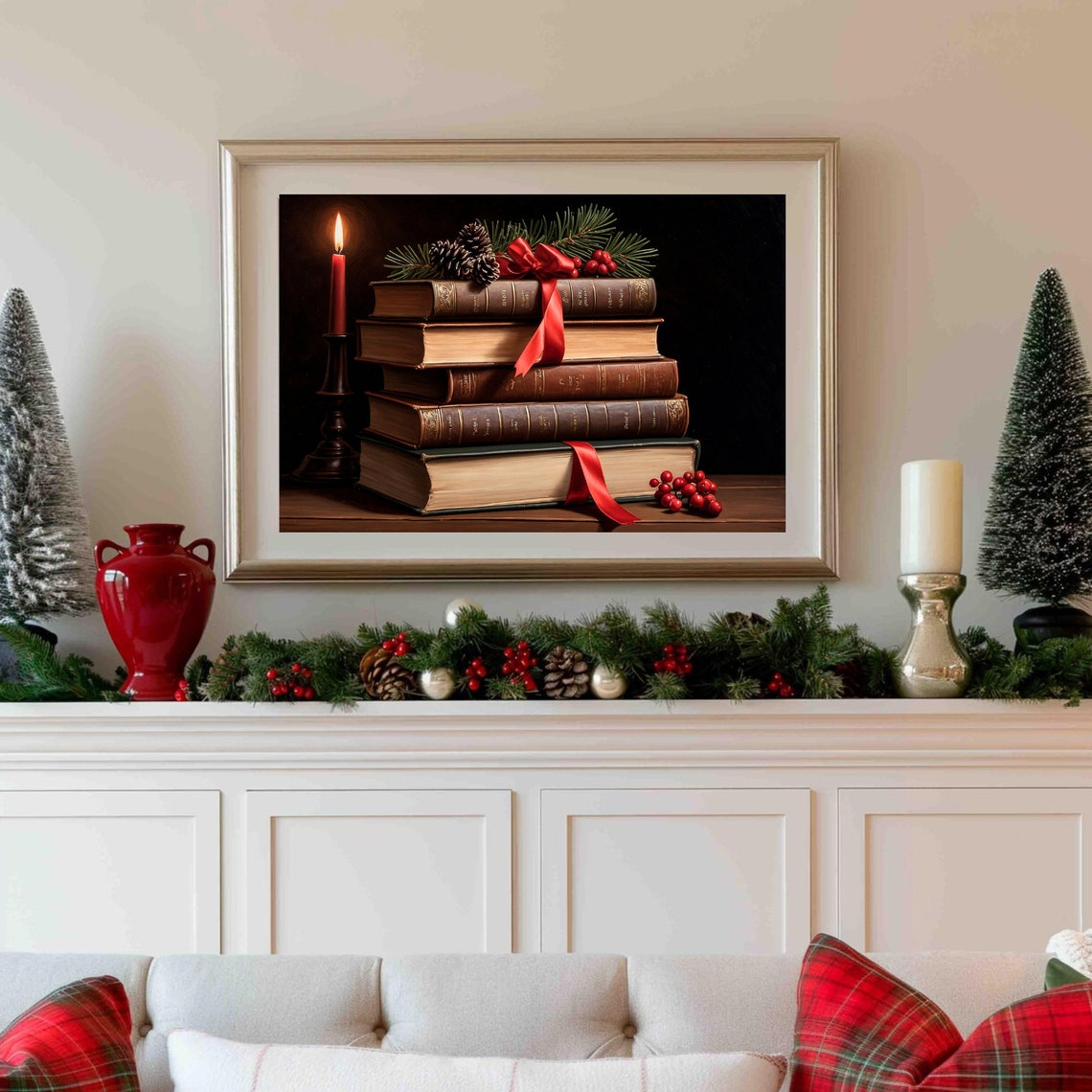 Stacked Vintage Christmas Books With Candle And Red Ribbon Print - Image 3
