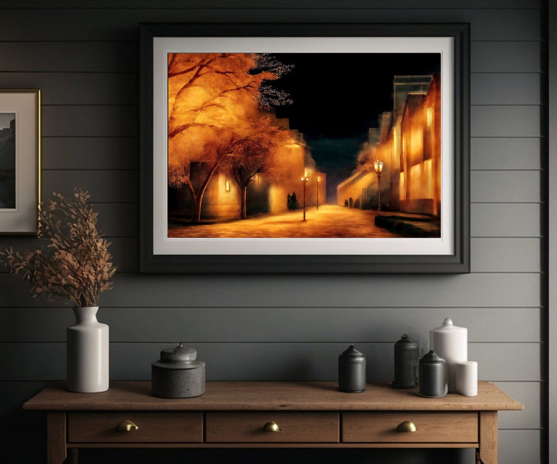 Golden Autumn Street Lamps Glowing on a Misty Night City Poster - Image 2