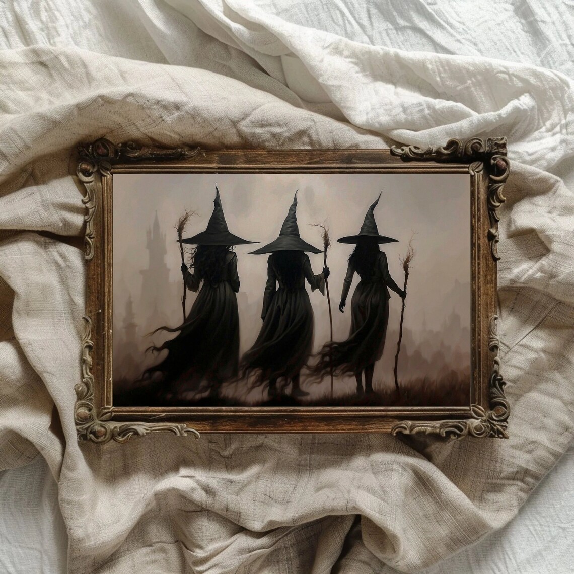 Three Witches with Brooms Walking into the Fog Moody Halloween Wall Art - Image 3