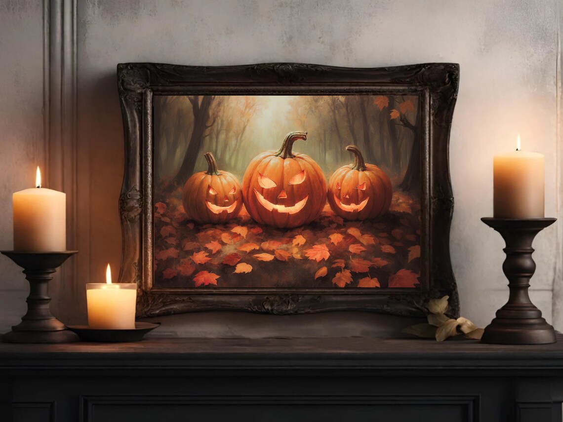Three Glowing Jack O Lanterns In Misty Autumn Forest Halloween Painting Poster - Image 4