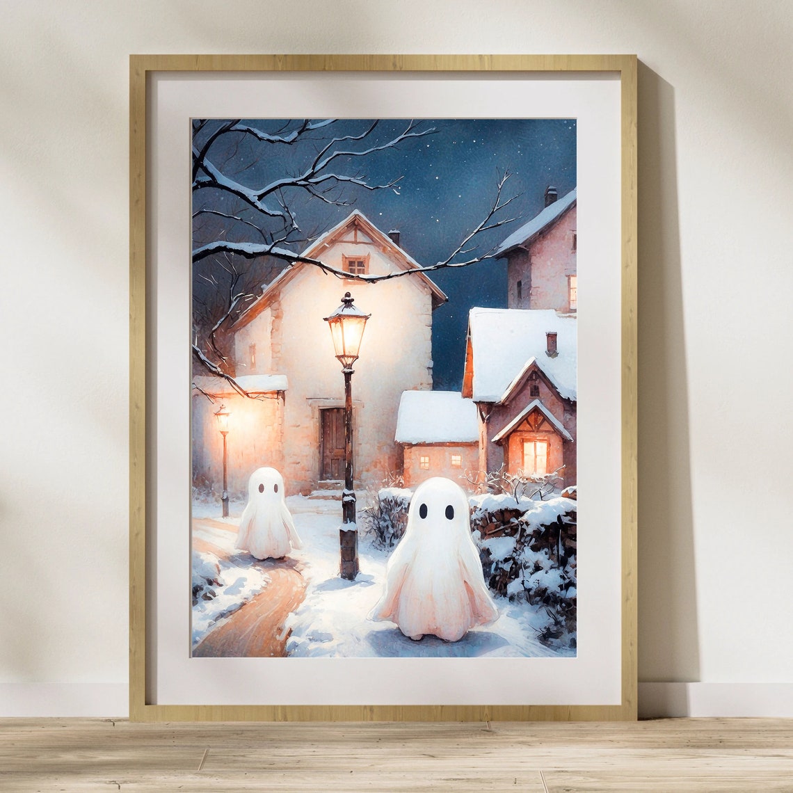 Two Ghosts in Snowy Christmas Village Lane at Nightfall Print - Image 4