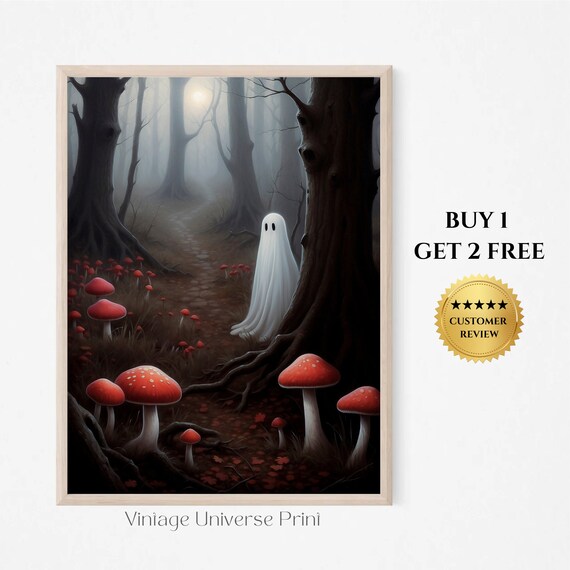 Little Ghost In The Spooky Forest Vintage Poster Moody Art Poster Print Dark Academia Haunting Ghost Halloween Decor Wall Art