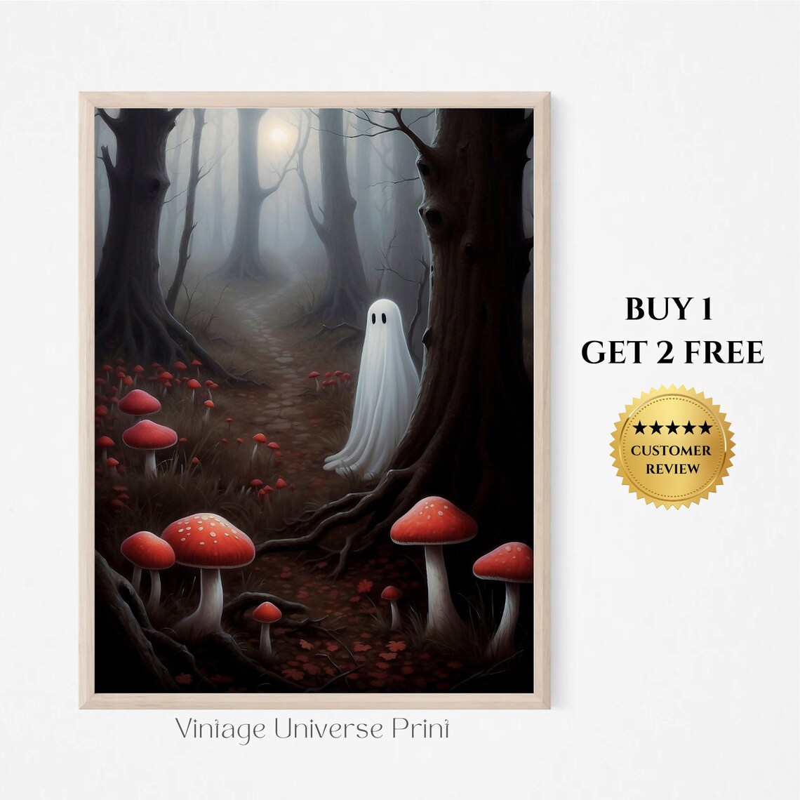 Lonely Ghost in a Foggy Forest Among Red Fly Agaric Mushrooms Spooky Poster