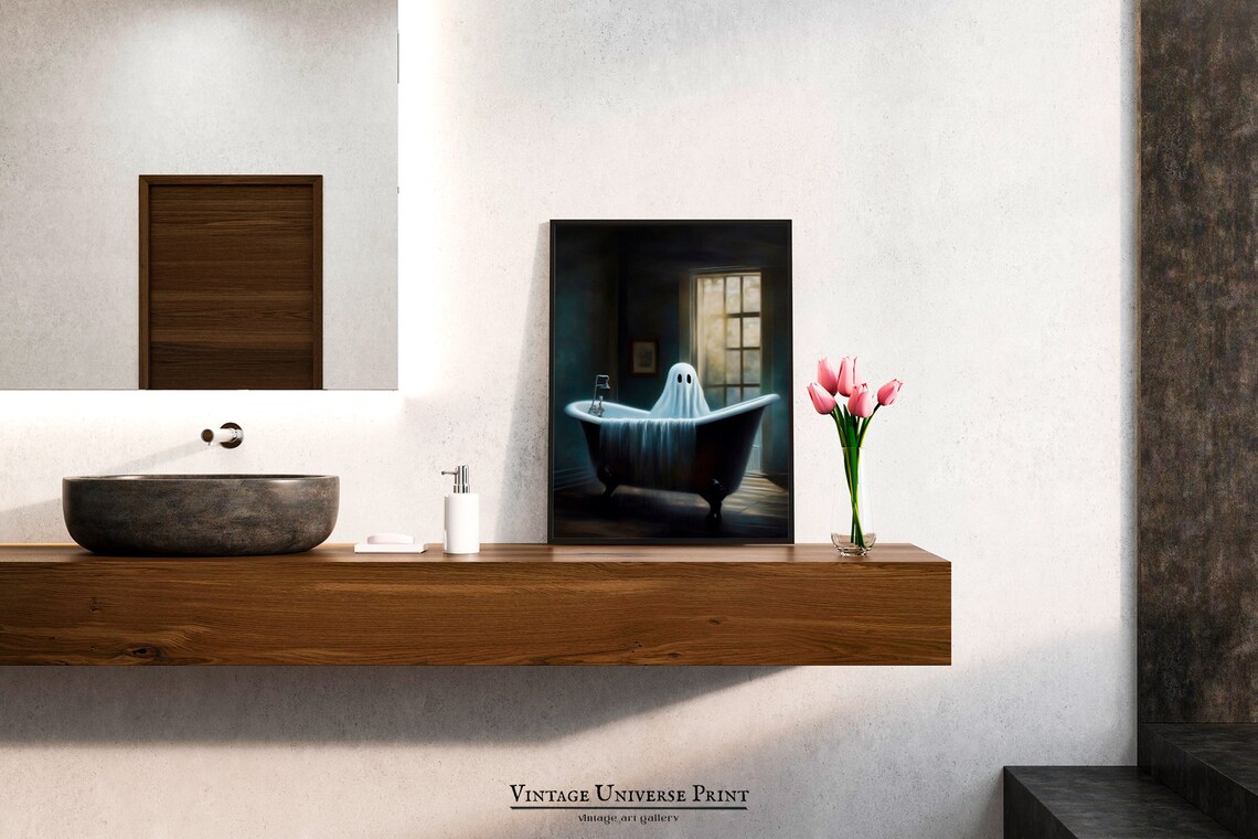 Ghost Sitting In An Overflowing Clawfoot Bathtub In Moody Bathroom Print - Image 2