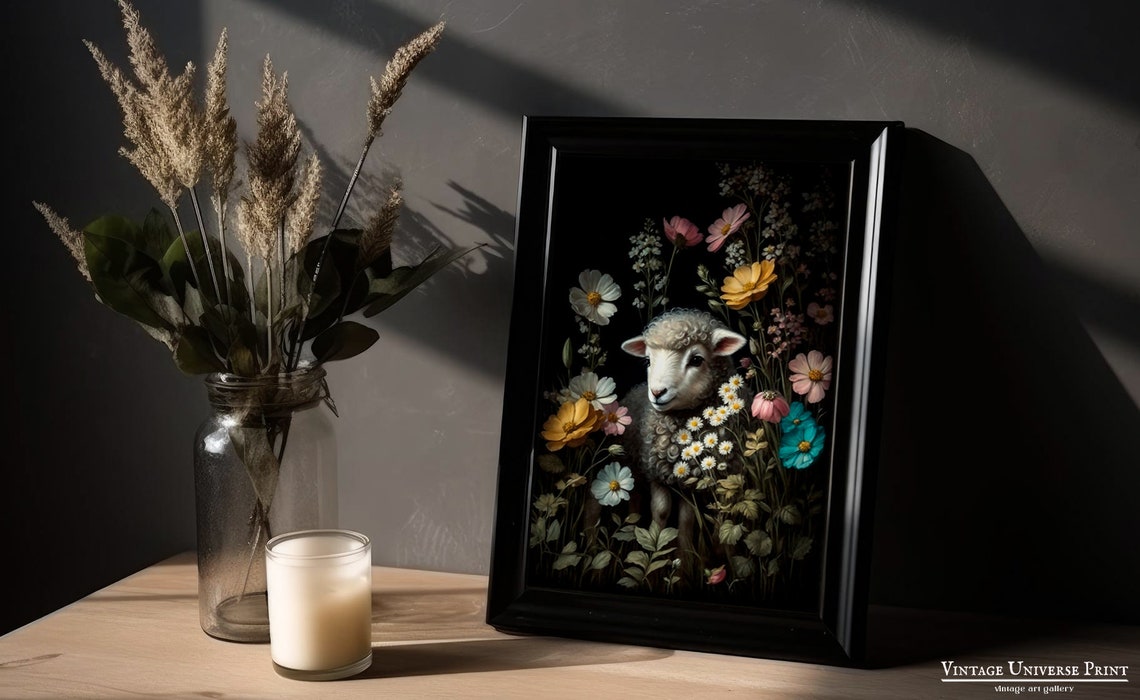 Sheep Painting Moody Antique Oil Painting Floral Sheep Print Dark Academia Decor Moody Flowers Vintage Sheep Print Wall Art - Image 4