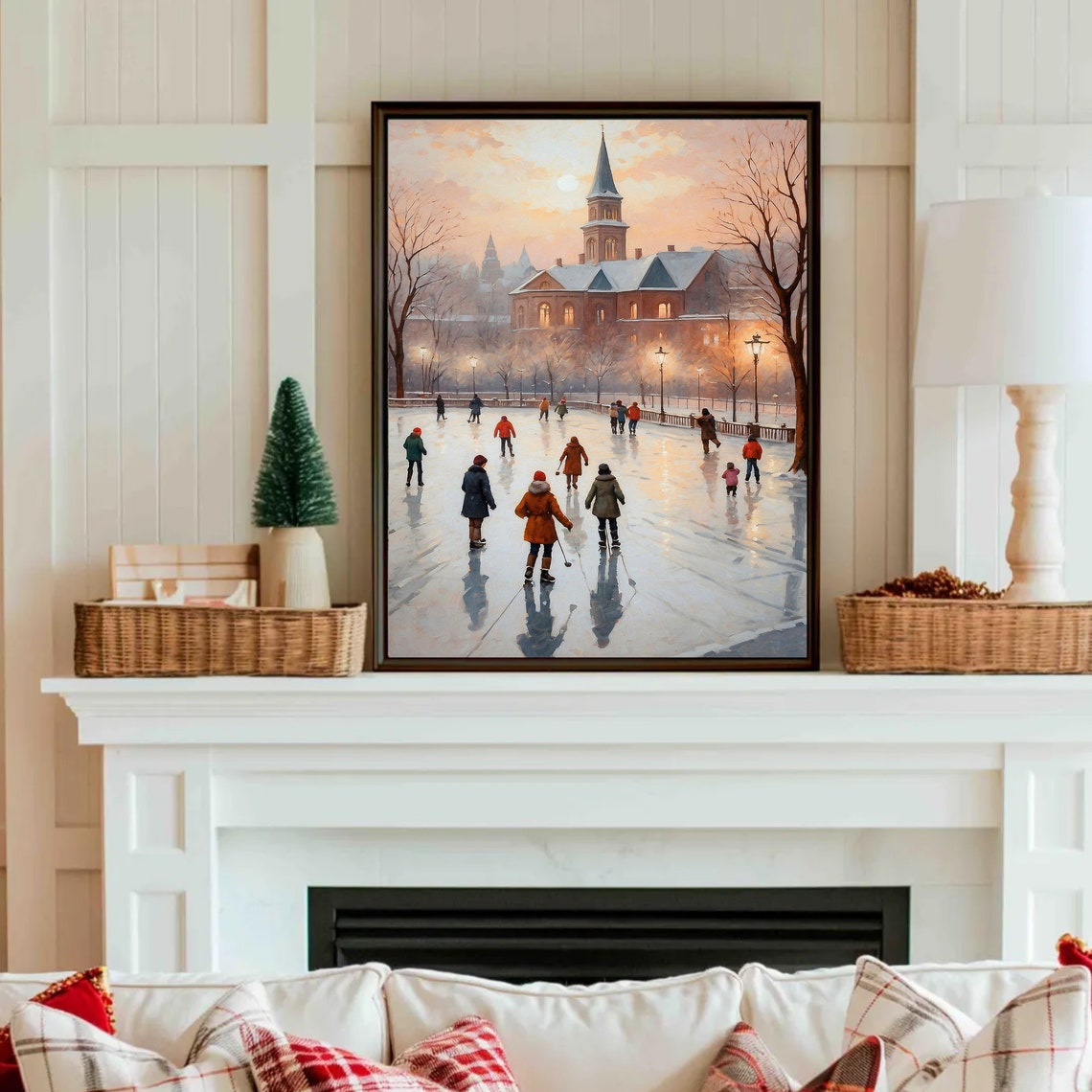 Ice Skaters on Frozen Pond Before Church Winter Vintage Poster - Image 4