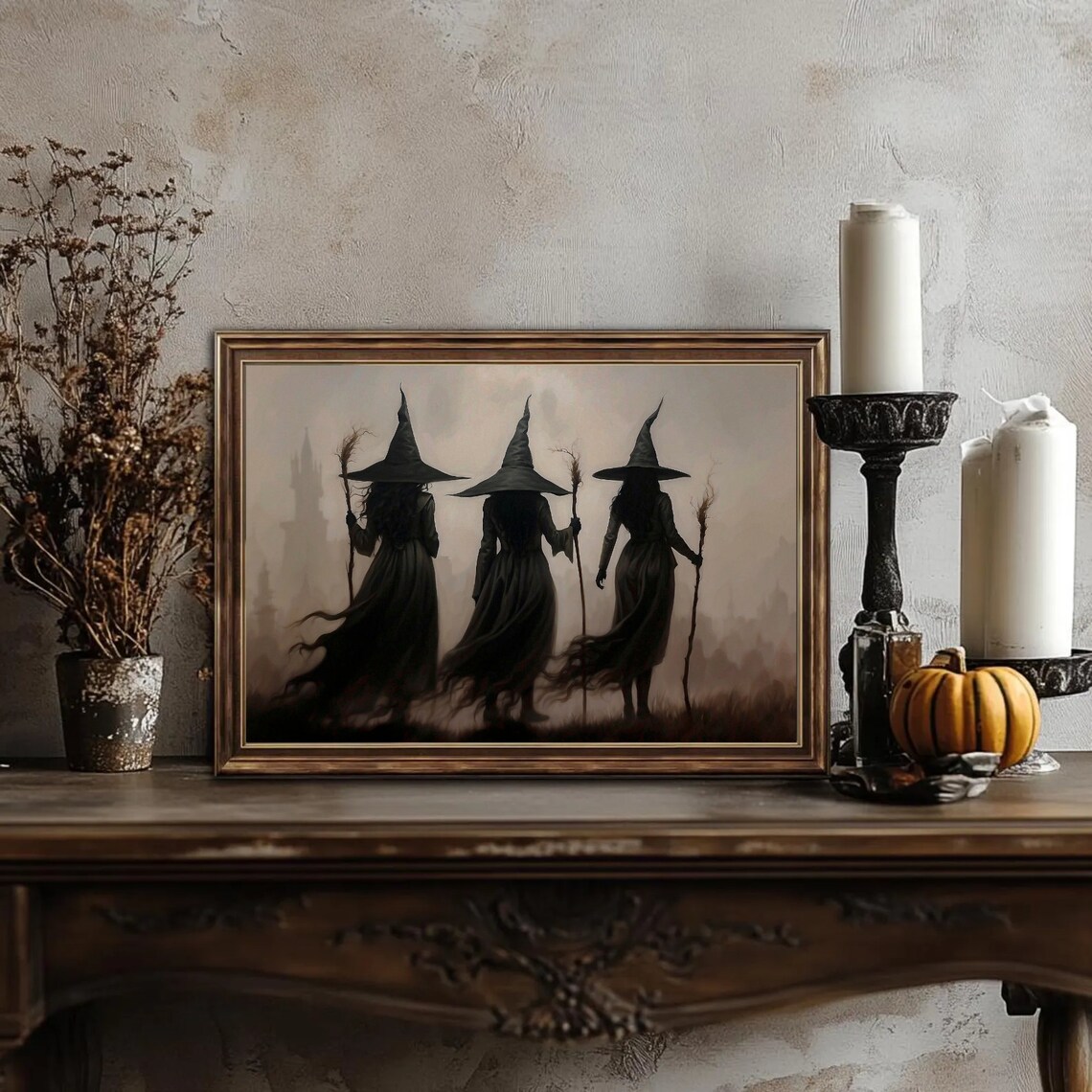 Three Witches with Brooms Walking into the Fog Moody Halloween Wall Art - Image 4